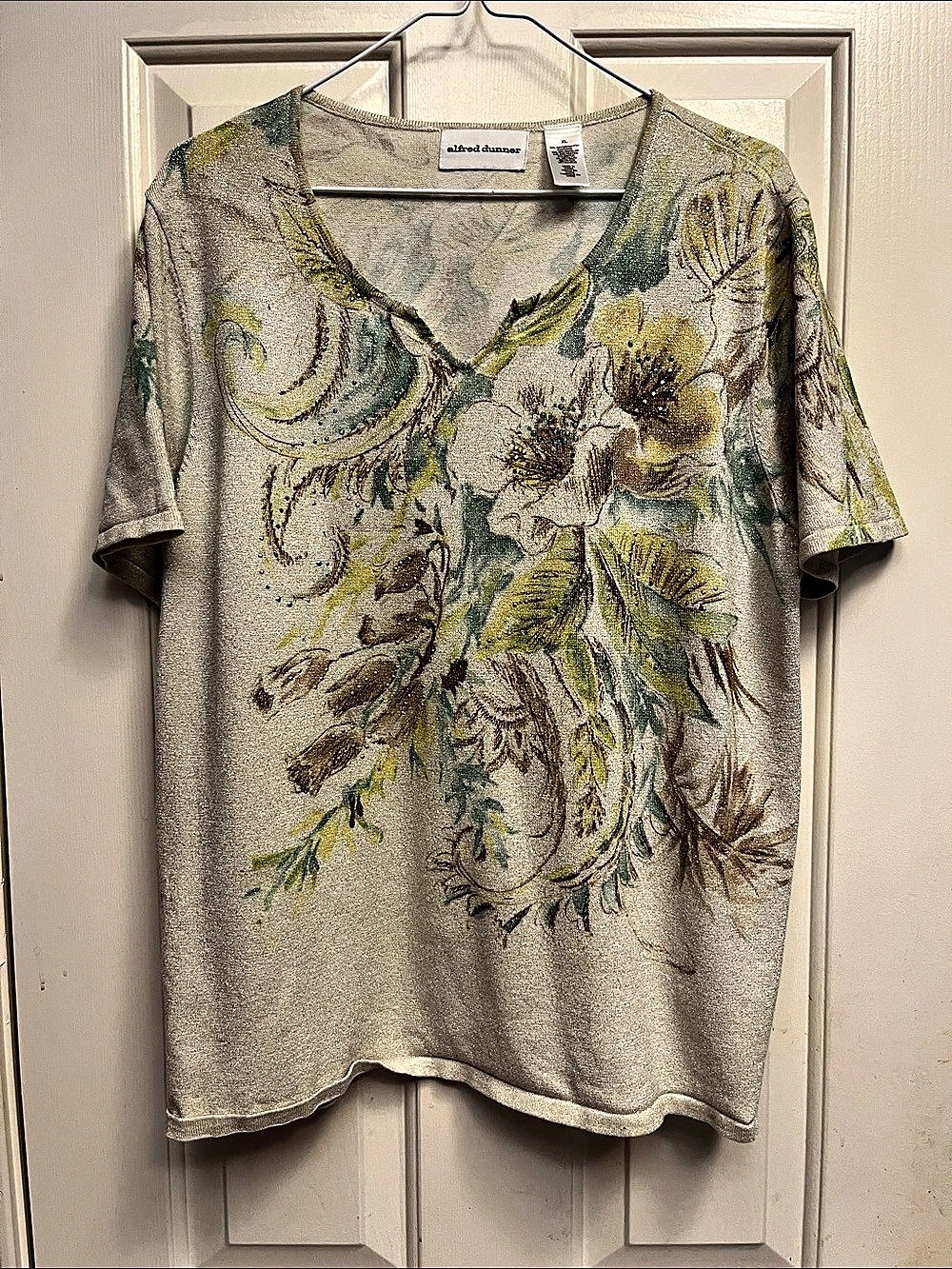 Alfred Dunner Floral Short Sleeve Top in Gray & Green XL Like New
